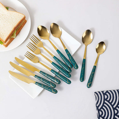 24-Piece Stainless Steel Cutlery Set with Marble Handle